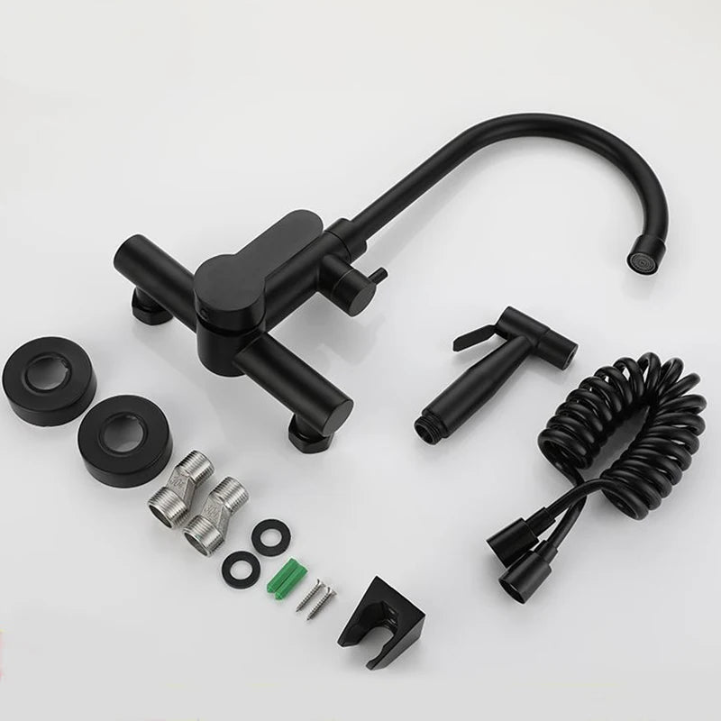 Kitchen Faucet With Spray Gun Wall Mounted Hot Cold Water Mixer Tap Rotatable Faucets Dual Water Mode No Dead corner Cleaning