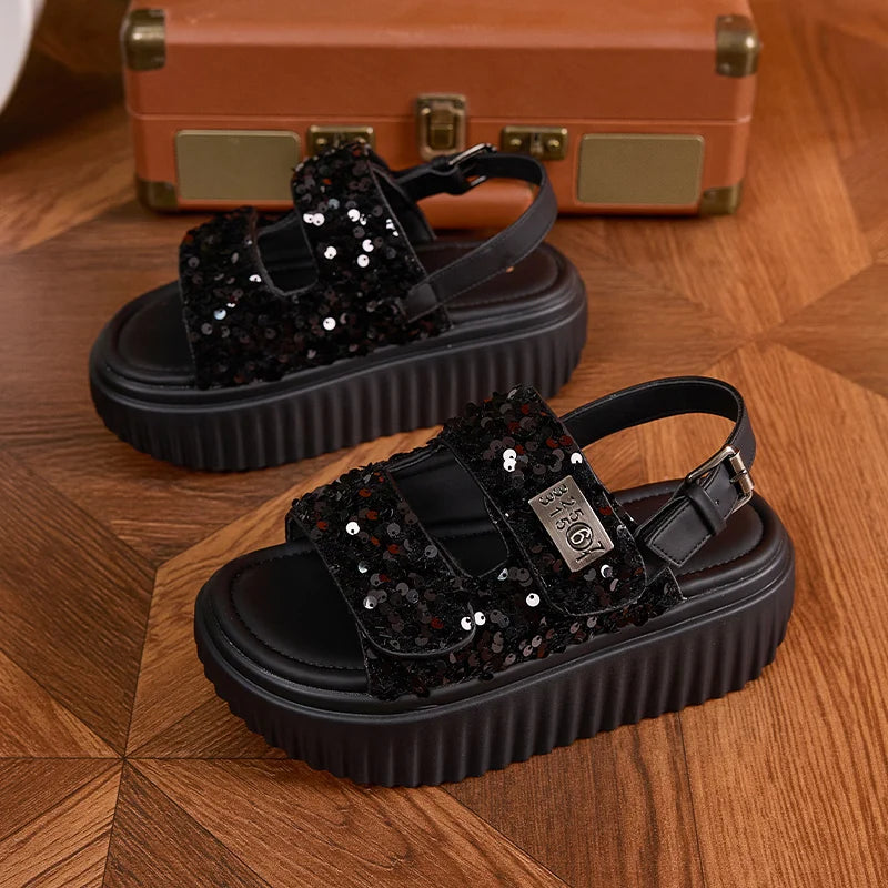 AUTUSPIN 6cm Women Flat Sandals Fashion Platform Ladies Shoes Bling Bling Sequined Cloth Female High Heels Chunky Rome Sandalias.