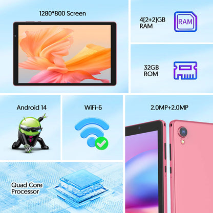 BAKEN 10-inch Android 14 Tablet, Quad-core Processor, 32GB Storage, Wi-Fi 6, Bluetooth, USB-C Port, Google Play Store (GMS).