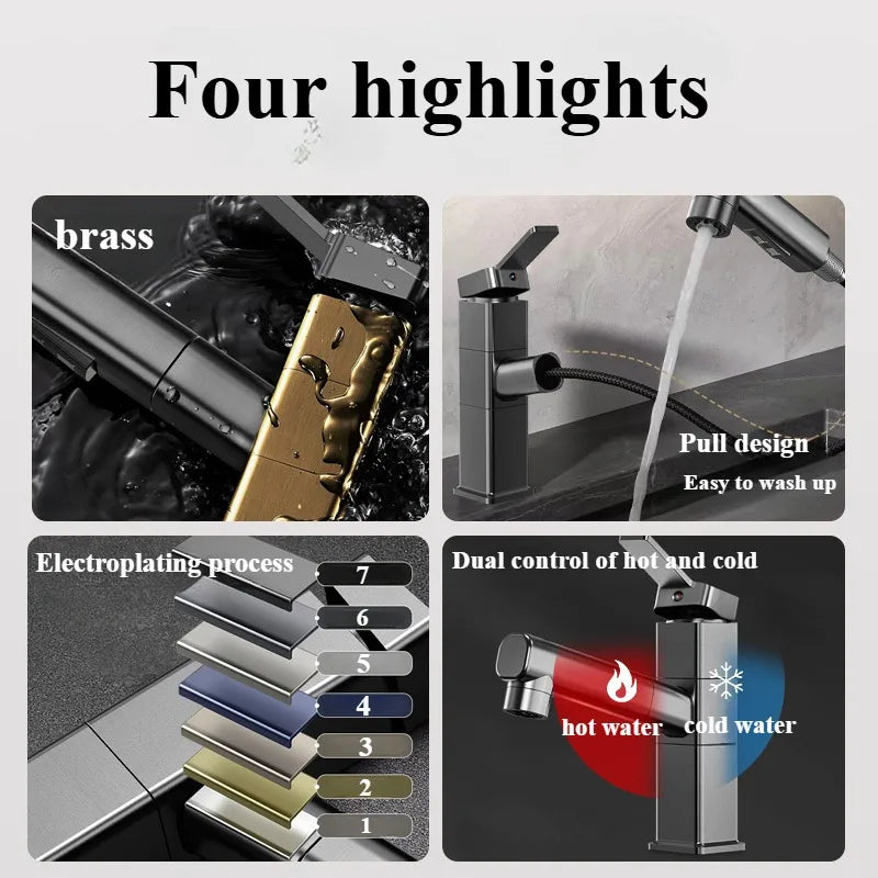 Pull Out Bathroom Faucet Hot and Cold Water Mixer Basin Sink Three Mode Water Outlet Faucet Washbasin Tap
