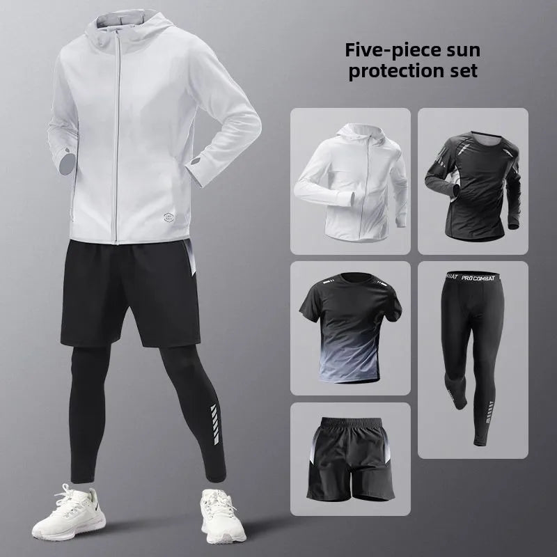 5pcs Men's Lightweight Summer Ice Silk Athletic Set Quick-Dry Running Clothes Outdoor Kit Cycling Fitness Men's Sportswear Set.