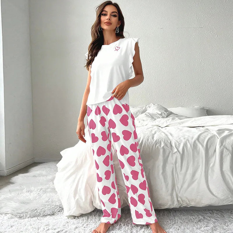 2024 White T-Shirt Women's Pajama Set Sexy Fly Sleeve Vest Pants Sleepwear Heart Print Casual Pyjamas Loungewear Spring 2-piece.