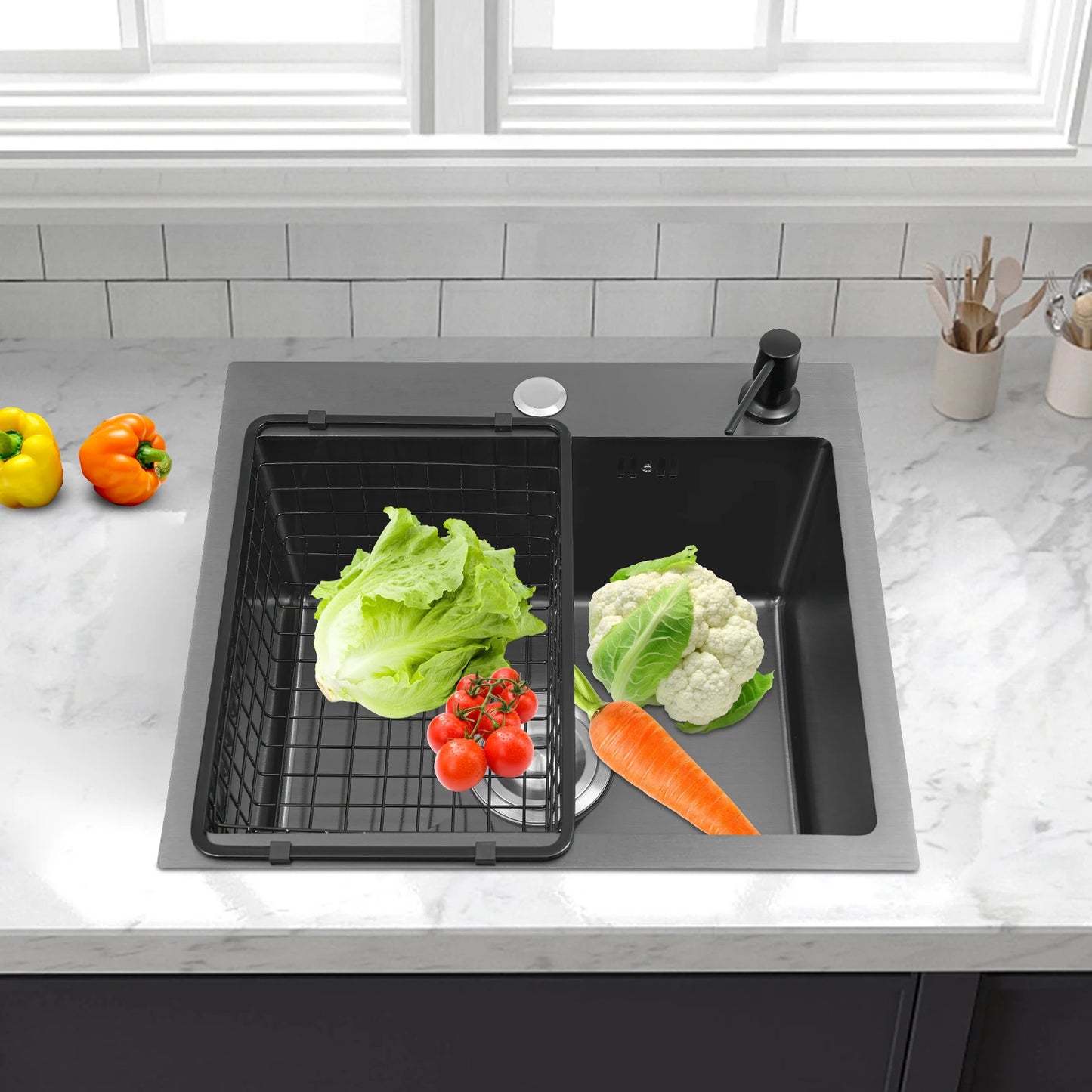 Spülbecken aus Edelstahl 201, schwarz, Deckenmontage, Unterputz-Spülbecken-Set mit Abflusskorb, Seifenspender, Küchenspüle