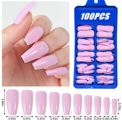 100Pcs Light Pink Press on Nails Short Medium Square Wearable Fake Nails Tips 10 sizes Full Cover False Nails Finger Decoration