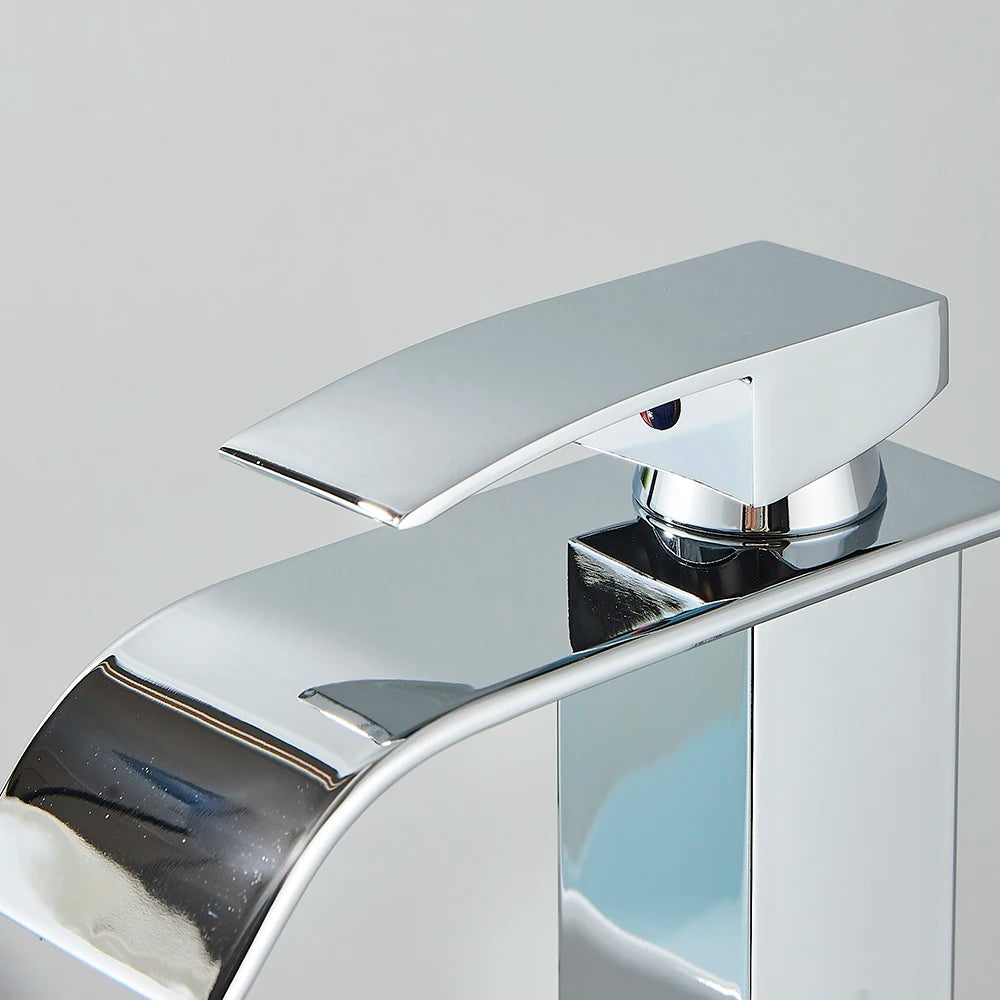 Chrome Bathroom Basin Faucet Waterfall Faucet Single Handle Wide Spout High Style Hot Cold Water Tap  for Bathroom