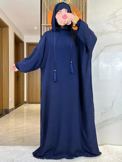 Muslim Abaya Solid Cotton Pullover Two Hat Women Eid Hooded Long Maxi Dress Turkey Kaftan Arab Robe Islamic Hijab Dubai Clothing.
