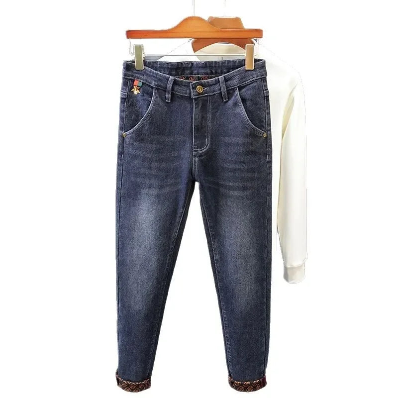 Gestickte Slim-Fit-Jeans mit geradem Bein, High-End-Freizeithose für Herren, durchgehender Bodendruck, dehnbar, trendige Marken-Freizeitjeans.