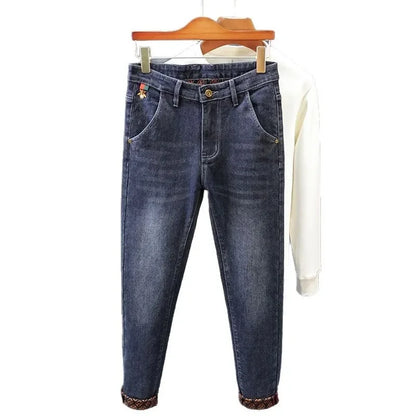 Gestickte Slim-Fit-Jeans mit geradem Bein, High-End-Freizeithose für Herren, durchgehender Bodendruck, dehnbar, trendige Marken-Freizeitjeans.