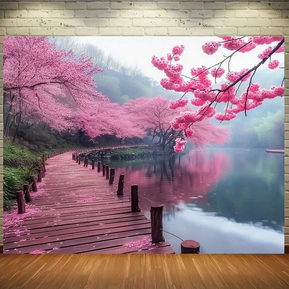No Installation Needed - Cherry Blossom Floral Tapestry with Pink Sakura Landscape - Easy Hang Wall Decor for Living Room,.