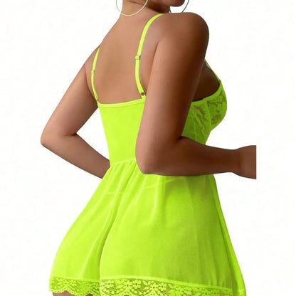 Sexy Garter Belt Mesh Lace Lingerie Dress Set With Thong.