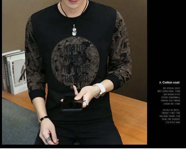 Men's Spring Autumn New Printing Patchwork Sweatshirts Long Sleeve O-Neck Loose T Shirt Tops Fashion Trend Men Clothing.