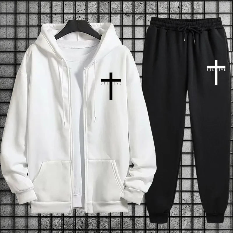 Cross of Christ Mens Hip Hop Tracksuit Set 2025 New 2 Piece Outfit Zipper Hoodie Joggers Urban Streetwear Autumn Winter Fashion.