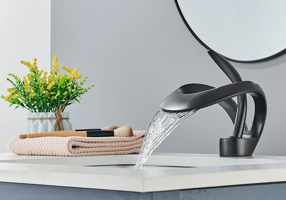 Rozin Luxury Black Basin Faucet Grey Bathroom Waterfall Mixer Tap Brass Deck Mount Modern Style Hot Cold Water Sink Mixer Crane