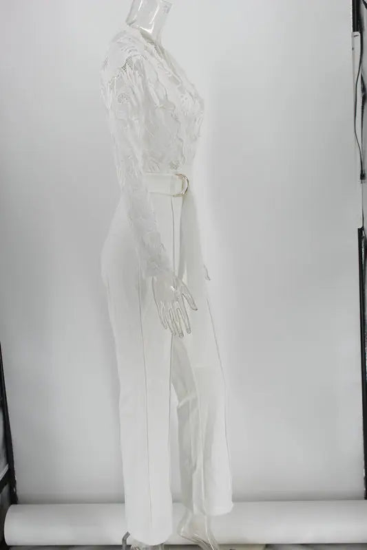 Women White Jumpsuit Lace Stitching Long Sleeve V-neck Large Size Wide Leg Pants Office Lady  Jumpsuits for Woman Lugentolo.