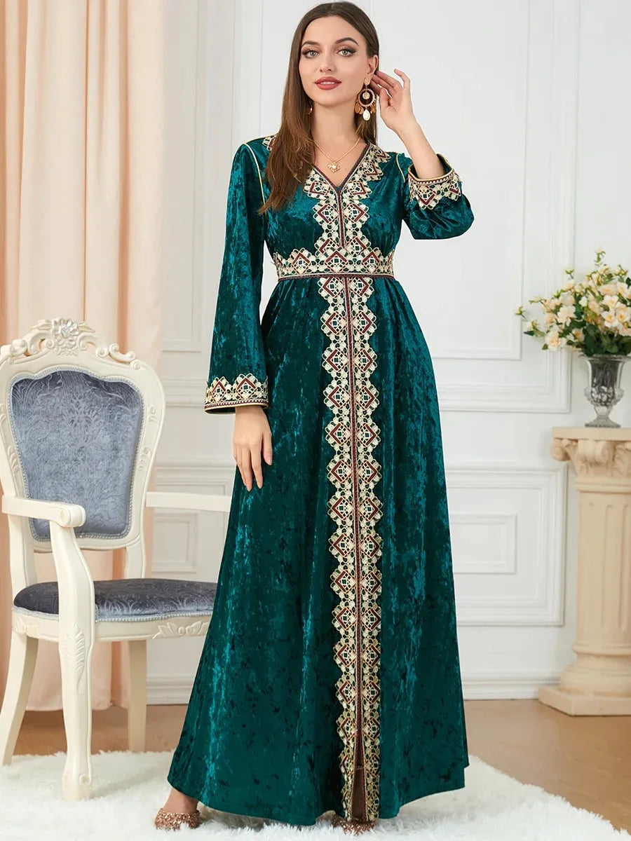 Dubai Velvet Muslim Dress Women Kimono Jubah Long Robe Abaya Hijab Dresses Islamic Clothing Turkey Arabic Dress Moroccan Kaftan.