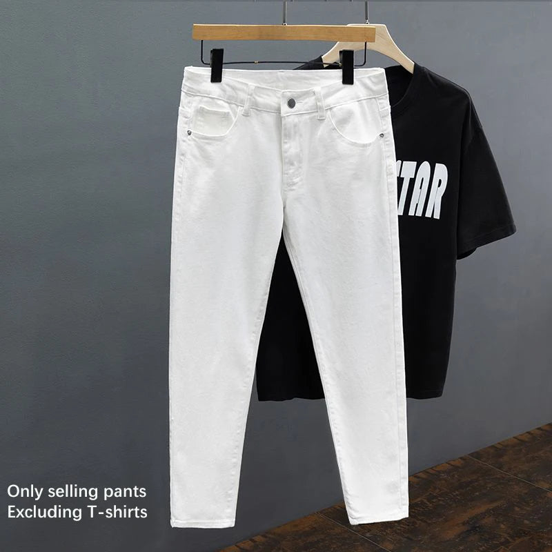 White Jeans Men's Slim Straight Ankle-length Soft Comfort Elastic Denim Trousers Fashion Korean Basic Casual Pencil Pants