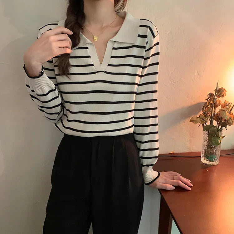 Gestreifter V-Ausschnitt Pullover Polo-Pullover Damen Frühherbst lässig All-Match-Tops Langarm Strick pullover Pullover Pullover.