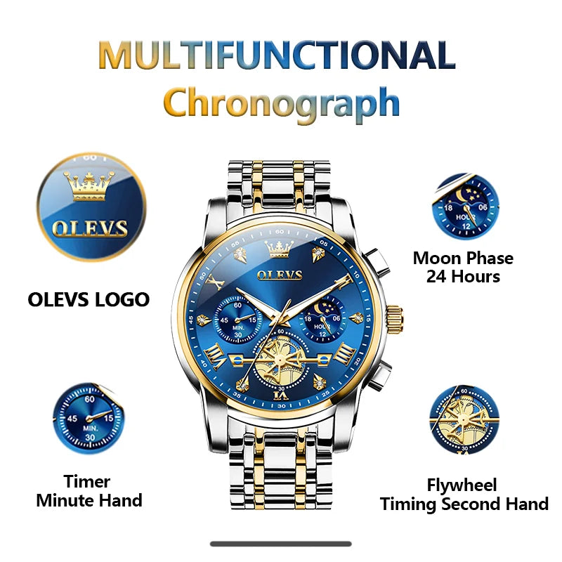 OLEVS Men's Watches Classic Multifunctional Fltwheel Chronograph Original Quartz Wristwatch Moon Phase 24 Hour Waterproof reloj.