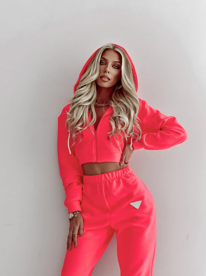 Spring Autumn Solid Color Hooded Pants Women'S 2 Piece Set Fashion Casual Pocket Long Sleeve Hoodie Female Street Wear Set 2025