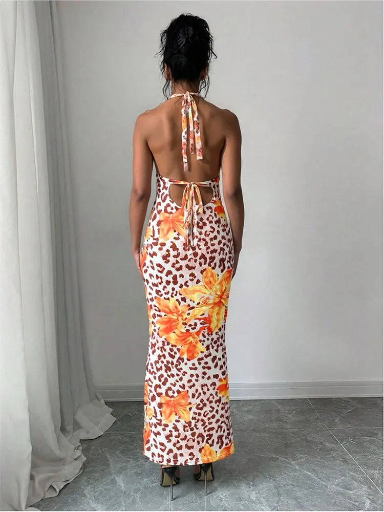 Frauen Kleidung Kleid Neue Sommer Sexy Backless Print Leopard V-ausschnitt Kleider Streetwear Fashion Halter Lace-up Kleider Kleidung.
