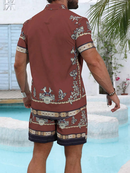 Baroque Luxury Printed Men's Shirt Shorts 2 Piece Set Summer Casual Shirt Hawaiian Beach Short-sleeved Men's Suits Clothing.