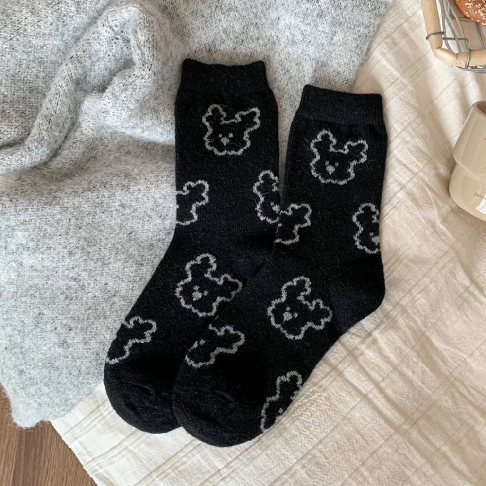 Christmas Gift Socks Women Winter Keep Warm Wool Socks Cute Bear Cartoon Happy Funny Kawaii Daily Streetwear Woman Floor Socks.