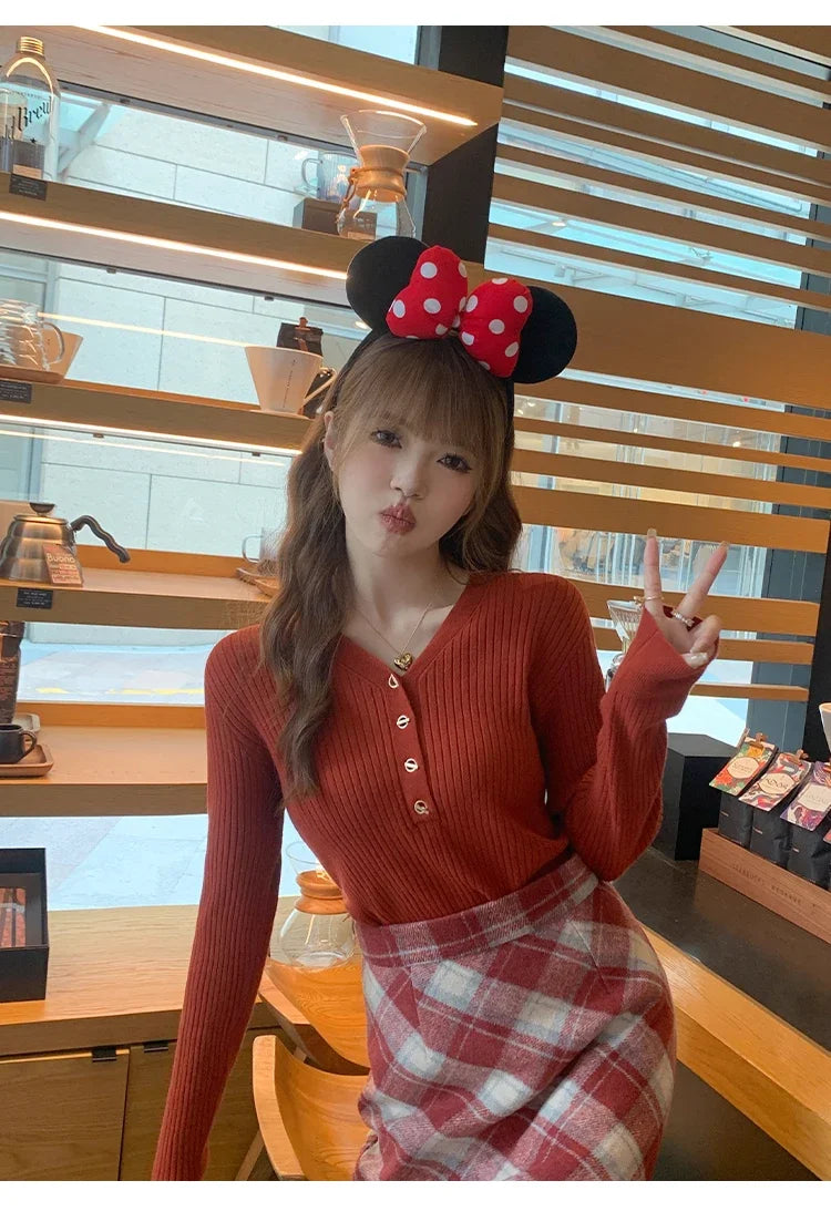 2025 Autumn Winter Women Sweaters Casual Slim Button Knitted Pullover Sweater Femme Basic Solid Jersey Tops Fashion Clothes.