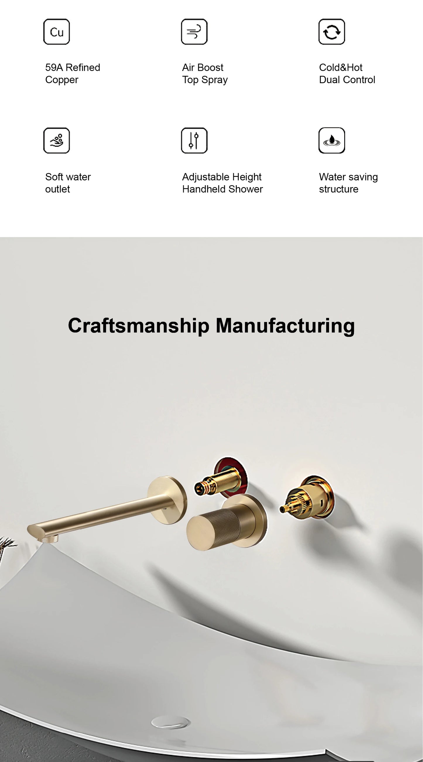 Luxury brushed gold brass wall mounted adjustable water volume bathroom faucet Embedded design for hot and cold water basin Tap