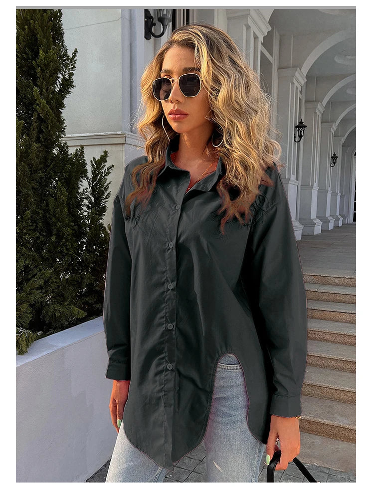 New Long Sleeve Ladies Tops Blouses Button Down Casual Shirt Women Turn-down Solid Collar Loose Blouse Women.