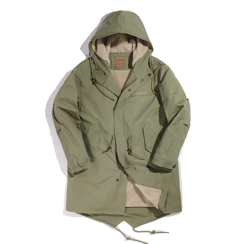 Maden Men's Thick Hooded M-51 Fishtail Cotton Coat Plus Velvet Parka Jacket Green Windbreaker Winter Autumn Men Trench Coat