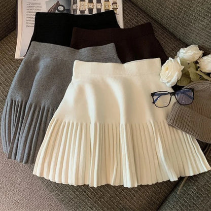 Pleated Mini Skirts Korean Sweet Knitted Skirts Sweet Elastic Waist Ladies Casual Youthful For Women's Clothes Solid Fashion New.