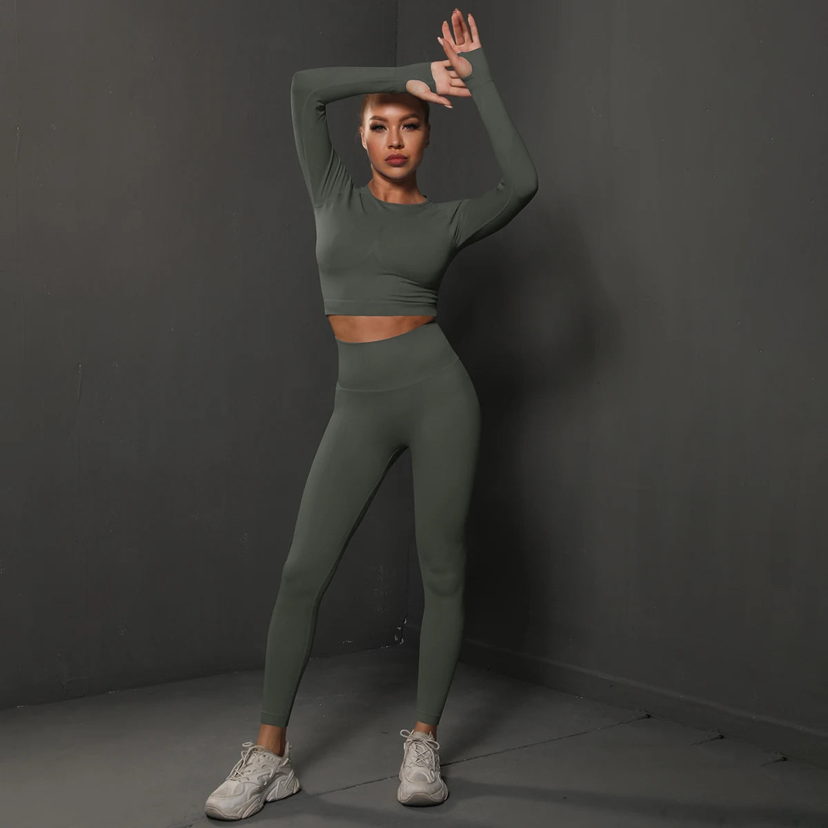 2Pcs Women Sets Energy Seamless Gym Suits Bubble Butt Sports Pants+Long Sleeve Shirts Push Up Running Sets Tracksuits Tights Set.