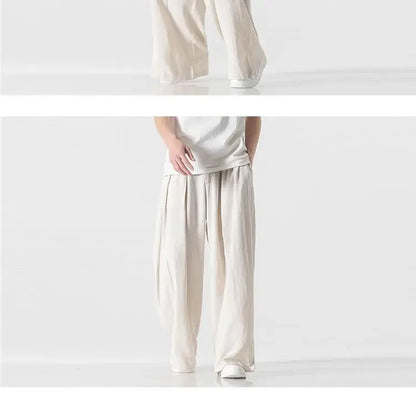Hanfu Spirit Draped Linen Pants For Men Straight-leg Casual Trousers Chinese Style Loose-fit Ancient Wide-leg Song Trousers.