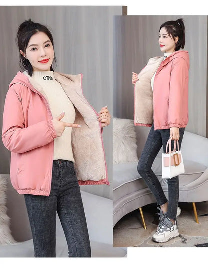Women's Fleece Coat Winter Warm Thicken Solid Windbreaker Hooded Cotton Plush Hooded Jackets Casual Outdoor Windproof Jacket.
