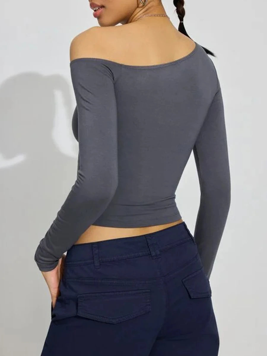 Women's One Shoulder Pullover Tops Slim Fit Solid Color Slash Neck Long Sleeve Showing Navel Asymmetrical Basic Shirt for Fall.