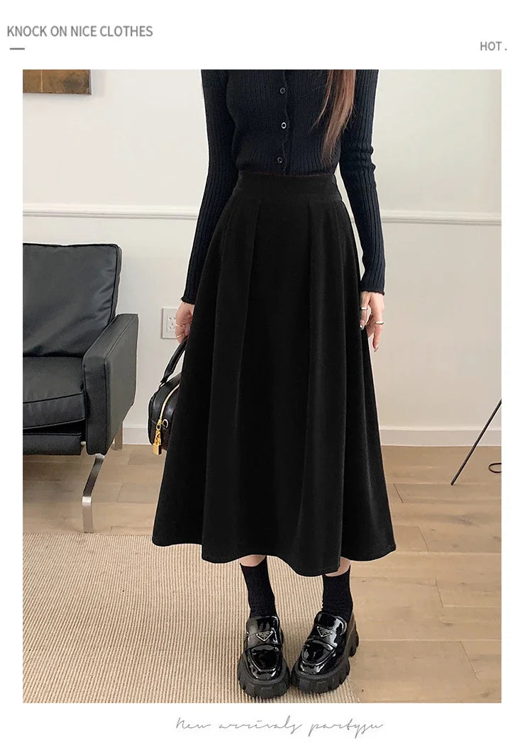 Autumn Winter Warm Vintage Red Elegant Velvet A-line Skirt For Women 2024 High Waist Casual Black Party Pleated Big Swing Skirts.