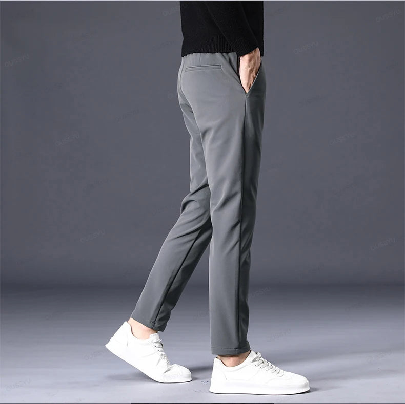 Autumn Winter Casual Pants Men Thick Business Stretch Slim Elastic Waist Jogger Outdoors Korean Classic Grey Black Trousers Male.