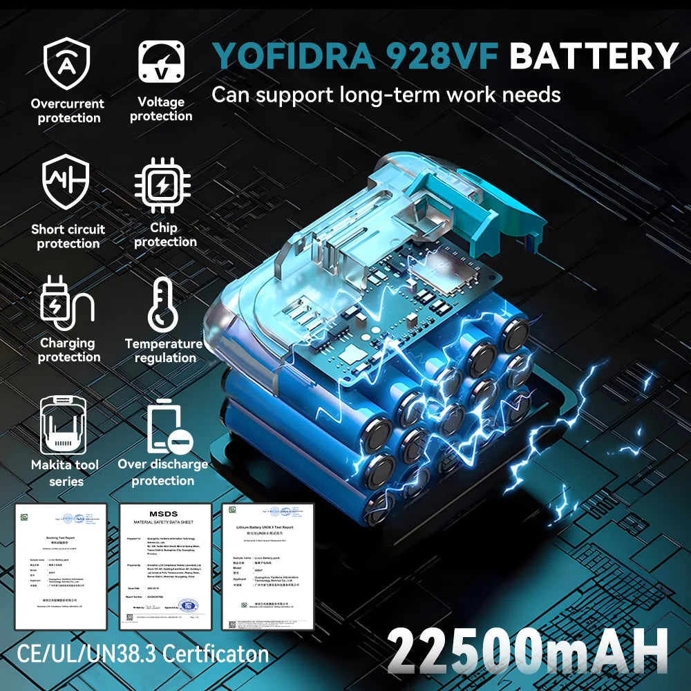 YOFIDRA 388VF 928VF wiederaufladbarer Lithium-Akku, 22500 mAh, 15000 mAh, Li-Ionen-Akku für elektrische Kettensäge, Bohrschlüssel, Elektrowerkzeug
