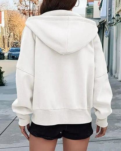 New Solid Color Zipper Splicing Hooded Coat, Women's Autumn Leisure Loose Sports Hooded Long Sleeve Coat Sweatshirt.