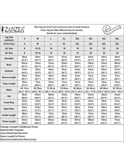 ZANZEA Fashion Women Casual Trousers Suits 2PCS Autumn Long Sleeve Blouse Solid Wide Leg Pants Sets Loose Work Tracksuit Outifit.