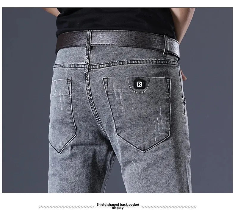 Slim Fit Men's Jeans Casual Elastic Korean Style Autumn Grey Trendy Long Pants Versatile Slim Legged Casual Trousers.