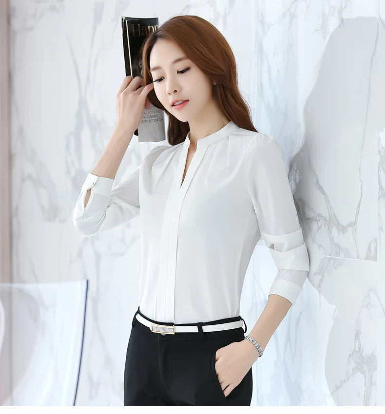 Chiffon Blouse Women Korean Fashion Women Clothing White Shirt  Long Sleeve Blouses V-neck Womens Tops Basic Shirts and Blouses
