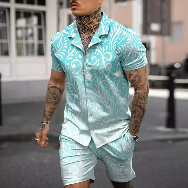 Fashion Men Sets Print Lapel 3D print Short Sleeve Casual Shirt Beach Shorts Oversized 2Pcs set Vacation Hawaiian Man Suits.