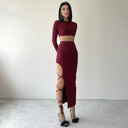 D23st272 Women's Autumn New Solid Color Casual Long Sleeve Round Neck Top Slimming Smooths Your Silhouette Tie Half Dress Suit.