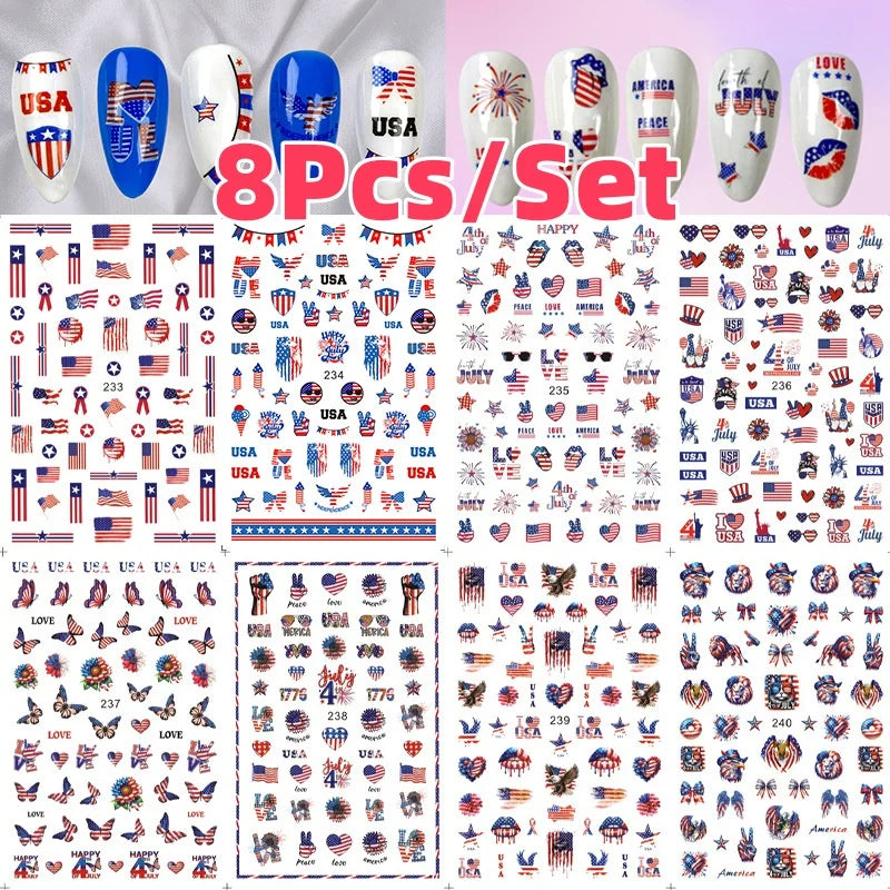 8Pcs/Set 3D USA Independence Day Nail Stickers America Flags Design Self-Adhesive Nail Art Decals DIY Manicure Decor Sliders &#.