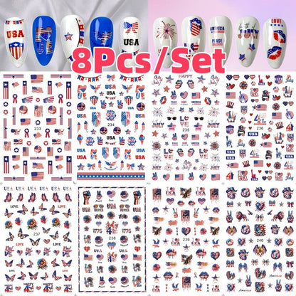 8Pcs/Set 3D USA Independence Day Nail Stickers America Flags Design Self-Adhesive Nail Art Decals DIY Manicure Decor Sliders &#.