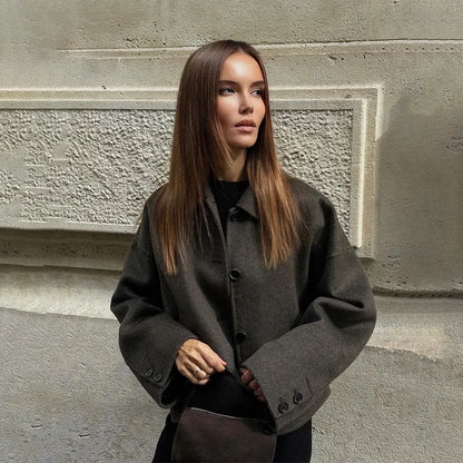 Woolen frauen Jacke Elegante Lose Langarm Turndown Einreiher Weiblichen Mantel 2024 Winter Mode Casual Dame Mantel.