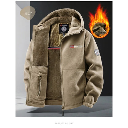 CHUJIE Men's autumn and winter fleece fashion graphenewarm hooded jacket outdoor hiking sports with thick fleece cardigan jacket.