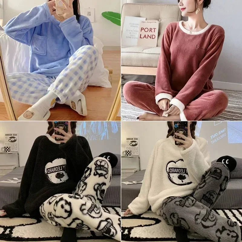 2 Teile/satz Verdickte Warme Flanell Plus Größe frauen Pyjamas Tops und Hosen Nachtwäsche Homewear Winter Cartoon Bär Nachtwäsche.