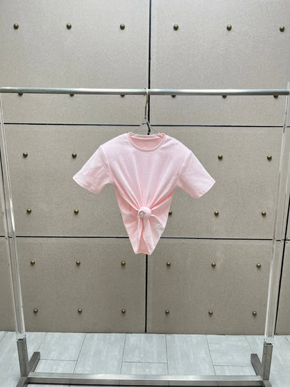 Y2K knotted twist knitted threaded round neck Top women fashionable and versatile navel padded shoulder short-sleeved T-shirt.